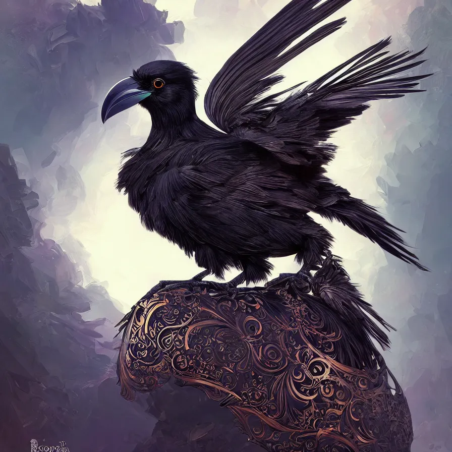 Image similar to beautiful black raven bird with ornate armor, cute, intricate, highly detailed, digital painting, trending on artstation, concept art, smooth, sharp focus, backlit, rim light, vivid colors, illustration, unreal engine 5, 8 k, art by rossdraws and alphonse mucha