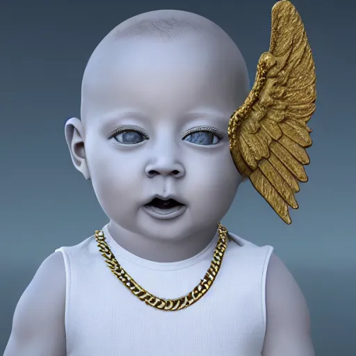 Prompt: a high tech 3 d rendering of a a baby cherub angel wearing a balaclava face mask, ski mask, face covered, covered face, fixed eyes, tattoos, multiple gold cuban chain necklace, concept art octane render, blender,