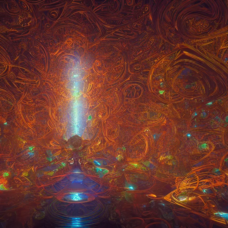 Image similar to a deep perspective photo real render of tribal glowing fractals and ornate flowing light streams sacred geometry, by beeple, by donato giancola, unreal engine