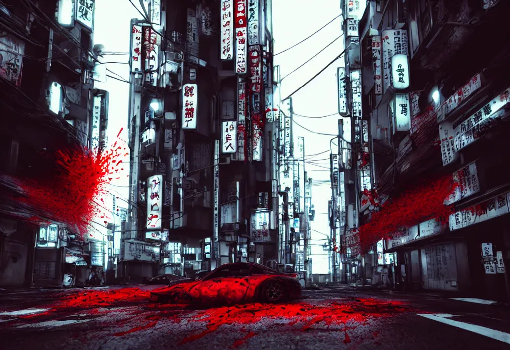 Prompt: tokyo city streets in blood, by cyberpunk style, max payne standing in blood, trending on artstation, cinematic, realistic buildings windows cars, realistic peoples, extreamly detailed, golden ratio, awesome greate composition, color balance harmony, physical correct light shadows, awesome exposition, like in real life, octane render 8 k, art by shonen gahosha, hyper realistic