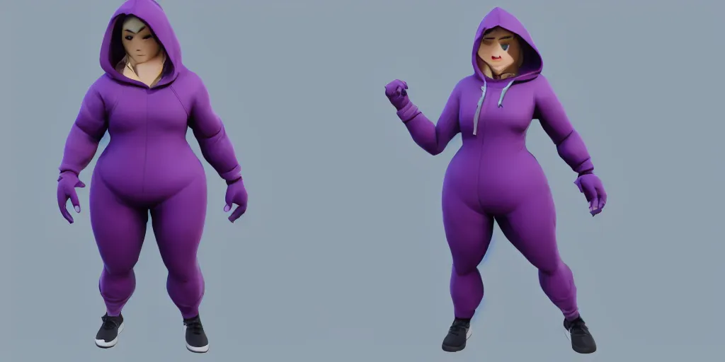 Prompt: a cartoony purple hooded figure with thicc legs wearing grey leggings as a fortnite skin, 8 k resolution