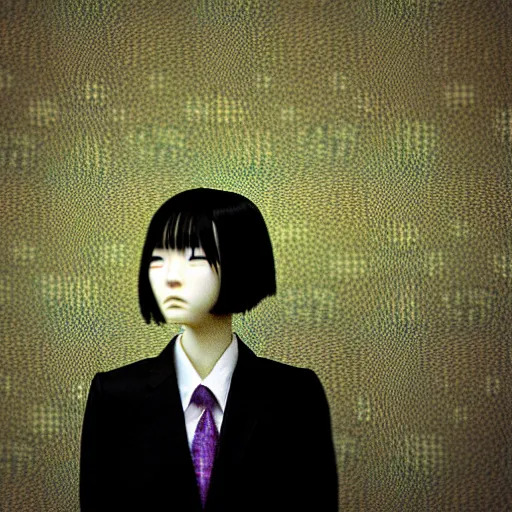 Image similar to yoshitaka amano blurred and dreamy realistic three quarter angle portrait of a young woman with short hair and black eyes wearing office suit with tie, junji ito abstract patterns in the background, satoshi kon anime, noisy film grain effect, highly detailed, renaissance oil painting, weird portrait angle, blurred lost edges