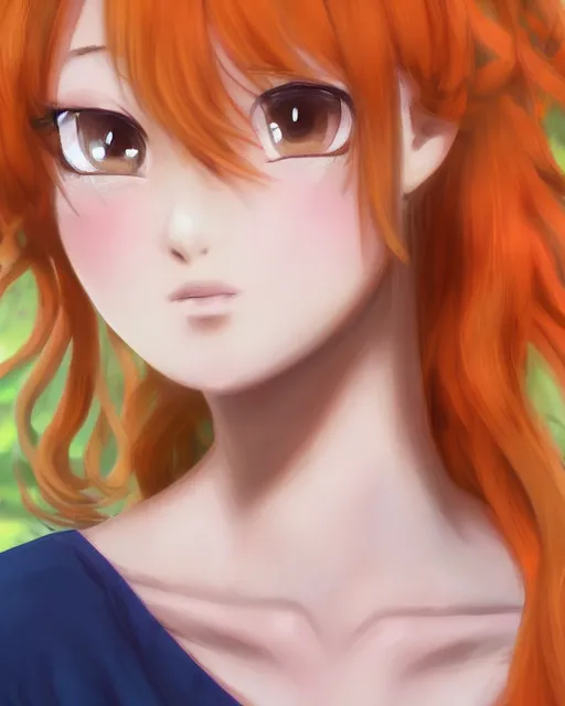 Prompt: happy cute teenage girl Portraits.Closeup of the pretty Anime girl's side face with her head slightly raised.Slightly curly Orange flowing hair by WLOP and VOFAN and mika pikazo,yoneyma Mai