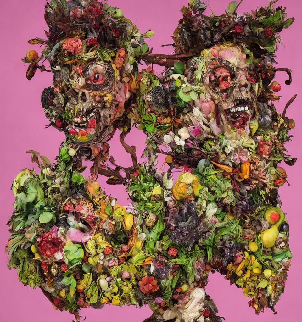 Prompt: portrait headshot of a zombie punk, head made of fruit and flowers in the style of arcimboldo, frank frazetta, photorealistic, dynamic lighting, action figure, clay sculpture, claymation, fine detail, soft pink background