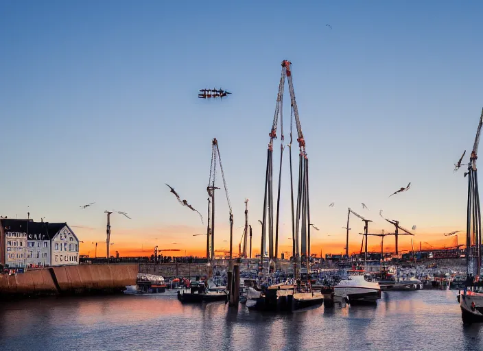 Image similar to photograph of the harbour with its cranes of gothenburg sweden, sun setting, landscape photography, award winning, canon, soft lighting, sony, nikon, 4 k, hd