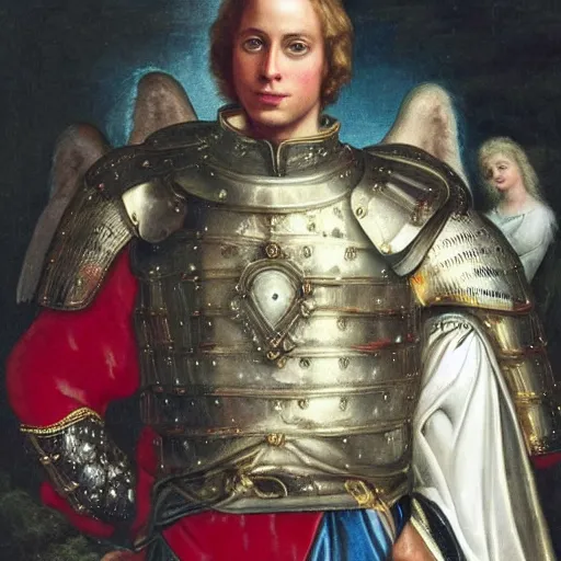 Image similar to prince william wearing knight's armor with heavenly angels surrounding him