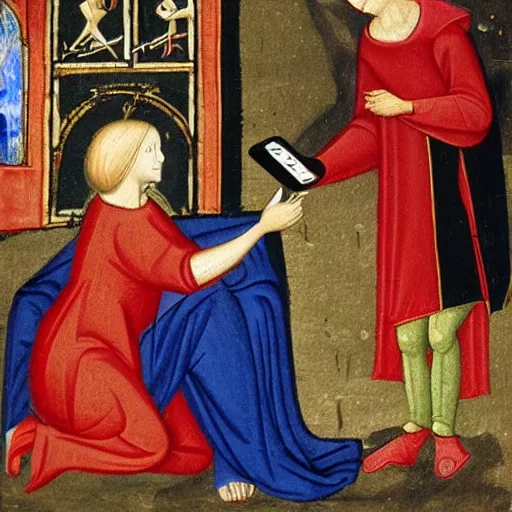 Prompt: medieval painting of the devil tempting a woman checking her iphone - n 5