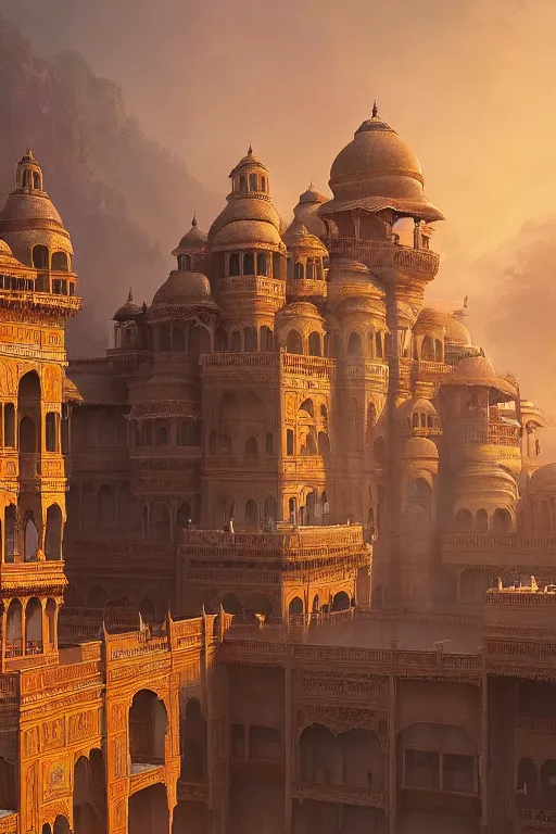 Image similar to old indian city with a breathtaking view of a magnificent maharajah palace at pink dawn, intricate, elegant, volumetric lighting, digital painting, highly detailed, artstation, sharp focus, illustration, concept art, ruan jia, steve mccurry