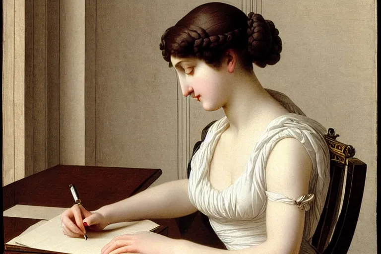 Prompt: georgian lady writing at her desk by vittorio reggianini, directoire style, regency, empire silhouette, bright lighting, perfectly detailed eyes, beautiful hands, pale skin, clear face