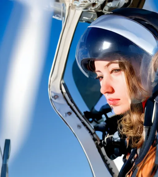 Prompt: a young woman, pilot helmet on, pilot a airplane, blue sky, composition