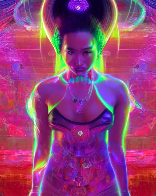 Image similar to a powerful energy psychedelic matrix asian woman, by alexander fedosav, hyper detailed digital matte painting, concept art, hyperrealism, 1 6 k resolution, cinema 4 d, 8 k resolution, trending on artstation, behance hd, a masterpiece, by stephan martiniere, particles, cel - shaded, power bright neon energy, by david a. hardy