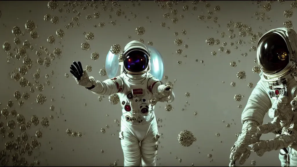 Image similar to a cybernetic symbiosis of a single astronaut eva suit with diamond 3d fractal lace iridescent bubble 3d skin covered with insectoid compound eye camera lenses floats through the living room, film still from the movie directed by Denis Villeneuve with art direction by Salvador Dalí, wide lens,