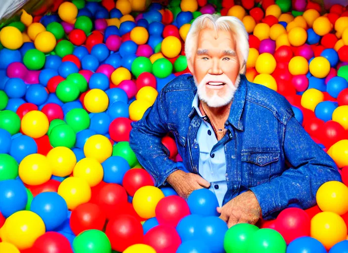 Image similar to photo still of kenny rogers in a ball pit filled with fried chicken!!!!!!!! at age 4 6 years old 4 6 years of age!!!!!!!! hiding from parents, 8 k, 8 5 mm f 1. 8, studio lighting, rim light, right side key light