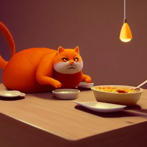 Prompt: A fat, cute orange cat eating ramen, cozy, octane render by Goro Fujita, details, lights, beautiful, 4K, 8K