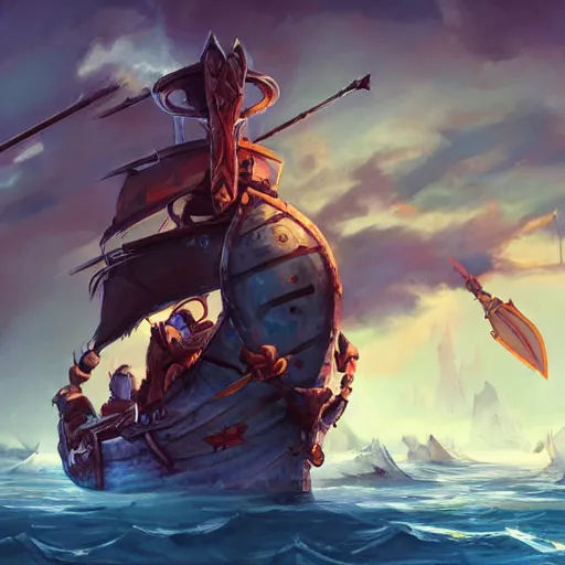 Image similar to arcane style viking battleship, viking cannons, viking spears and axes. spear and axes, blue sea waves background, bright art masterpiece artstation. 8 k, sharp high quality artwork, concept art by tooth wu, blizzard warcraft artwork, hearthstone card artwork