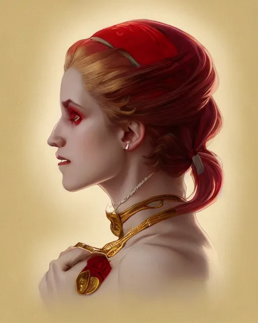 Image similar to female queen vampire, perfect face, gold waistcoat, red shirt, long grey hair, red necktie, cinematic, stunning, highly detailed, digital painting, artstation, smooth, hard focus, illustration, art by artgerm and greg rutkowski and alphonse mucha