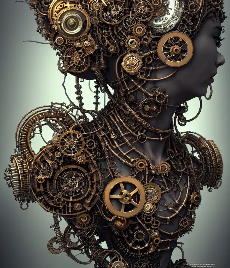 Image similar to steampunk cybernetic biomechanical krishna, front facing, symmetric, 3 d model, very coherent symmetrical artwork, unreal engine realistic render, 8 k, micro detail, intricate, elegant, highly detailed, centered, digital painting, artstation, smooth, sharp focus, illustration, artgerm, tomasz alen kopera, wlop