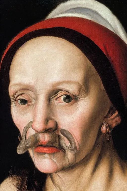 Prompt: hyperrealism extreme close-up portrait of medieval female with with leprosy, with mustache, pale skin, wearing cylinder hat, in style of Caravaggio