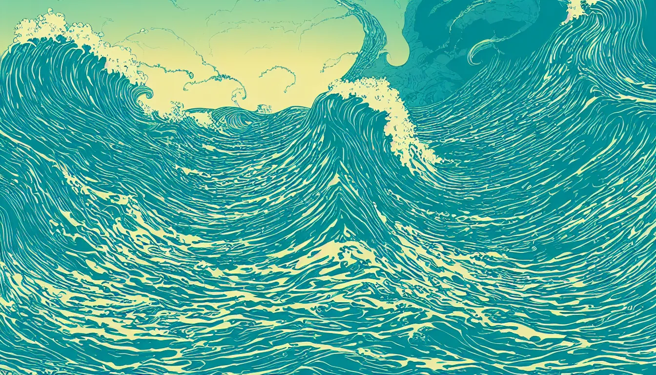 Image similar to ocean wave, land in sight by Kilian Eng, minimalist, detailed