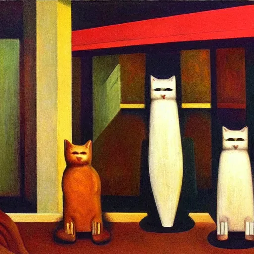 Prompt: three brutalist feline robots portrait, grant wood, pj crook, edward hopper, syd mead, oil on canvas