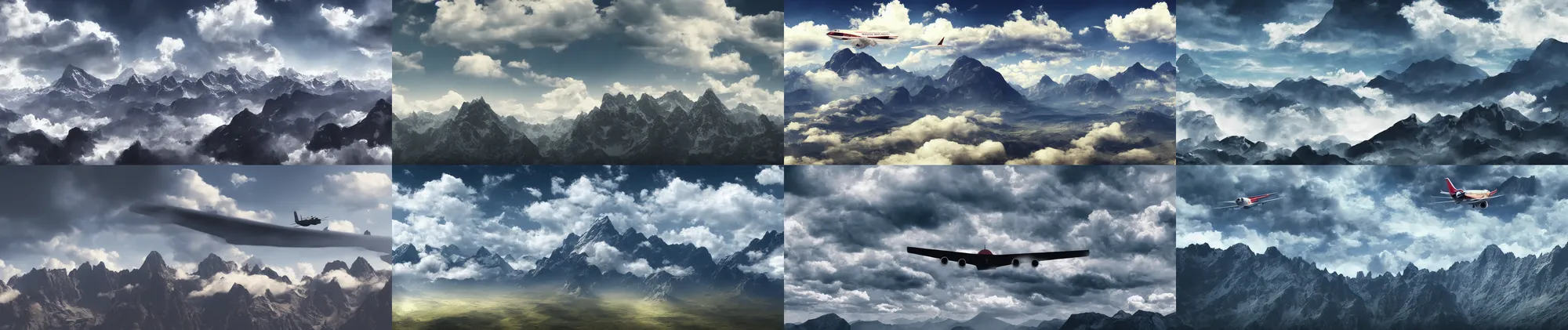 Prompt: matte painting of mountains, airplane, cloudy