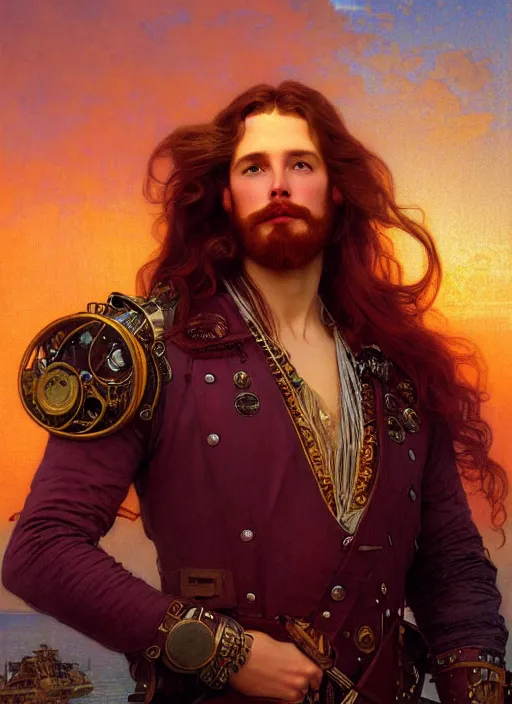 Image similar to portrait painting of a handsome face rugged long hair crimson hair male captain, top half portrait soft hair steampunk ornate mechanical zeppelin airship in the background sky sunset golden hour fantasy soft hair deviantart book cover art atmospheric volumetric lighting art by mucha greg rutkowski gaston bussiere