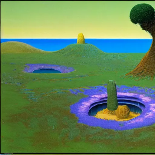 Image similar to a cylindrical pit in the ground, painting by Roger Dean