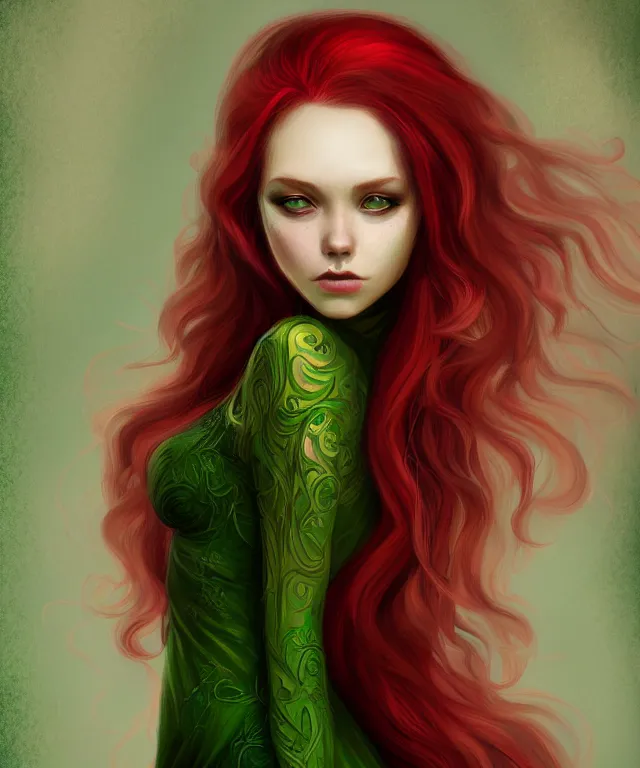 Image similar to Fae teenage girl, portrait, face, long red hair, green highlights, fantasy, intricate, elegant, highly detailed, digital painting, concept art, smooth, sharp focus