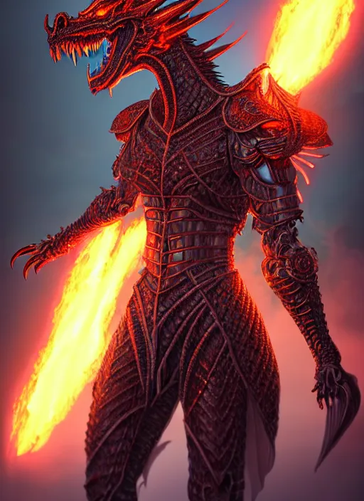 Image similar to muscular and tall ghostly fire humanoid dragon!!!! draconian!! intricate ornate iridescent heavy armor!! character concept art, sharp focus, octane render! unreal engine 5! highly rendered!! trending on artstation!! detailed linework!! illustration by artgerm, wlop, and chie yoshii