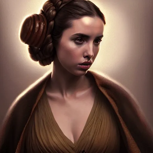 Image similar to ana de armas as princess leia, digital painting, extremely detailed, 4 k, intricate, brush strokes, mark arian, artgerm, bastien lecouffe - deharme