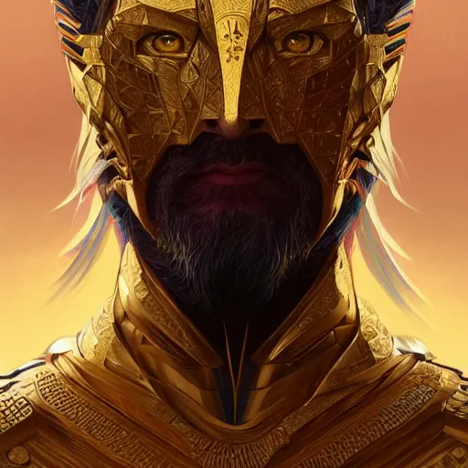 Image similar to Lionel Messi wearing a beautiful golden armor, D&D, fantasy, intricate, elegant, highly detailed, digital painting, artstation, concept art, matte, sharp focus, illustration, art by Artgerm and Greg Rutkowski and Alphonse Mucha