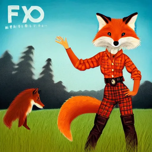 Image similar to a female fluffy anthropomorphic fox animal, head of fox, wearing cowboy hat, wearing plaid shirt, playing guitar, in a field, barn in background, album cover style