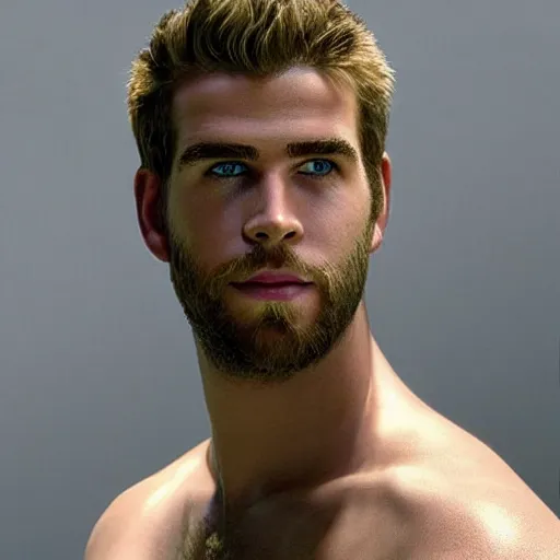 Image similar to “ a realistic detailed photo of a guy who is an attractive humanoid who is half robot and half humanoid, who is a male android, actor liam hemsworth, shiny skin, posing like a statue, blank stare, at the museum, on display ”