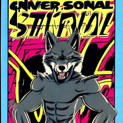 Image similar to 1 9 8 0 s comic book cover scan featuring a portrait of villain male wolf o'donnell anthropomorphic wolf furry fursona from starfox wearing a dark space mercenary uniform, dark grey wolf, handsome eyes, wolf o'donnell