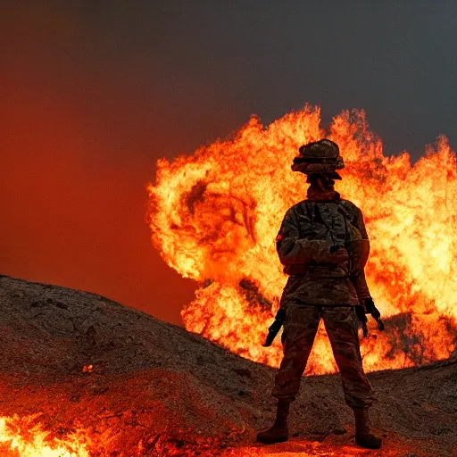 Prompt: a soldier with a glowing orange visor, a half-turn looks into the camera, bodies of the dead are scattered around, an orange fire in the background, 4k, details, dramatic pose