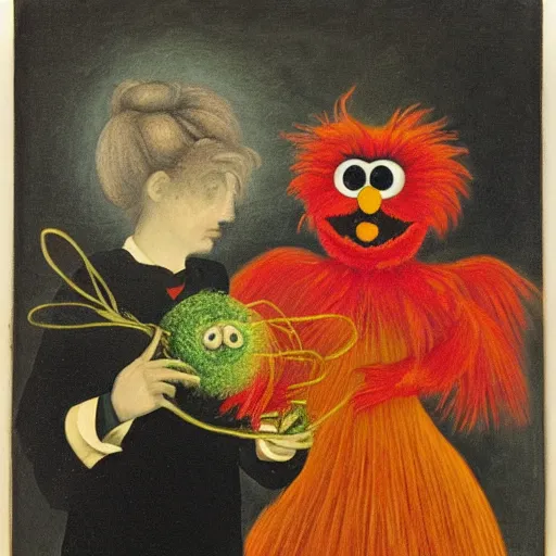 Prompt: by Remedios Varos, a portrait of Elmo from Sesame Street and his goldfish Dorothy, oil painting, traditional.