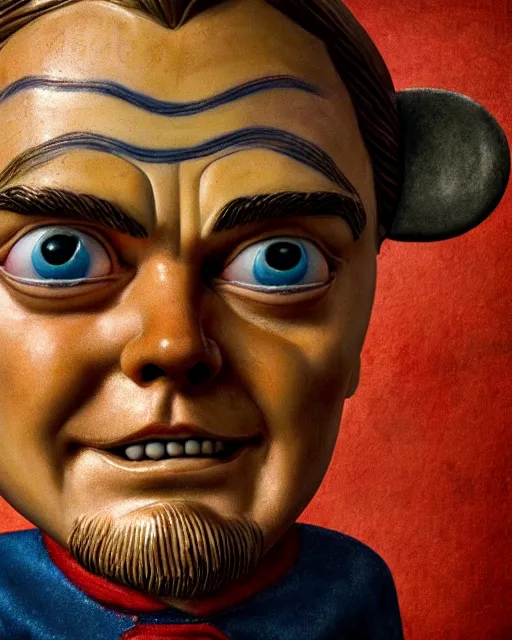 Image similar to highly detailed closeup, face profile portrait of a tin toy leonardo dicaprio as a medieval demon with horns eating cakes in a castle, hyper realistic, artstation, illustration, nicoletta ceccoli, mark ryden, lostfish, dan decarlo, bob clampett, max fleischer, digital paint, matte paint, vivid colors, detailed and intricate environment