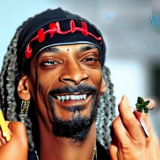 Image similar to Snoop Dog with big eyes eye color red , smiling and holding a joint in his hand