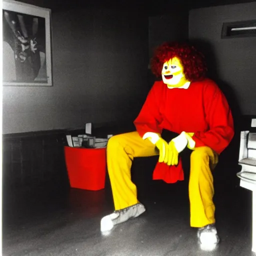 Image similar to creppy 2 0 0 1 photo of ronald mcdonald screaming in a dark room