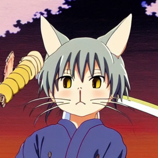 Image similar to anime key visual of hayao miyazaki studio ghibli, short - hair tabby cat wearing samurai armor