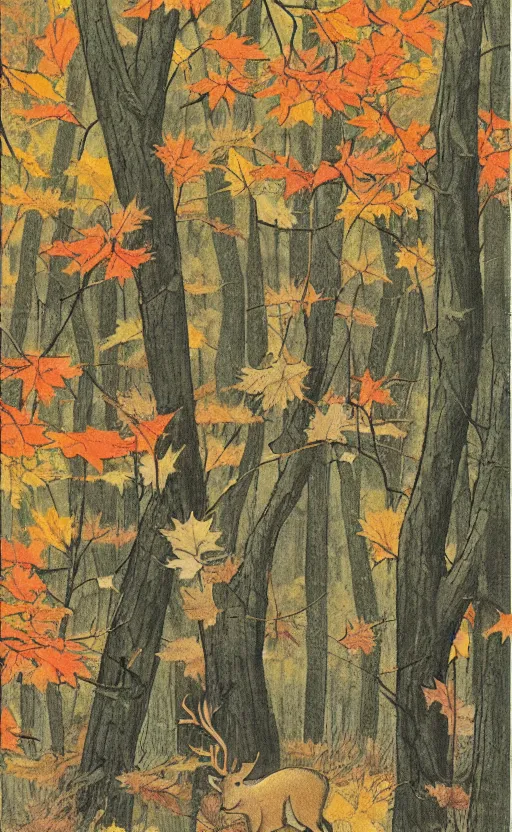 Prompt: by akio watanabe, manga art, alone deer jumping around maple forest, fall season, trading card front
