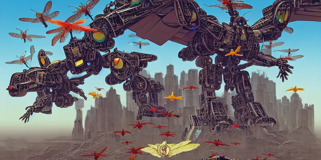 Image similar to gigantic mecha arzach birds with dragonflies, tiny rats, a lot of exotic animals around, big human faces everywhere, helicopters and tremendous birds, by satoshi kon and moebius, matte colors, surreal design, super - detailed, a lot of tiny details, fullshot