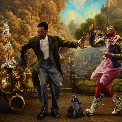 Image similar to Will smith slapping chris rock, Realistic, Regal, Refined, Detailed Digital Art, Michael Cheval, Walt Disney (1937), François Boucher, Oil Painting, Steampunk, Highly Detailed, Cinematic Lighting, Unreal Engine, 8k