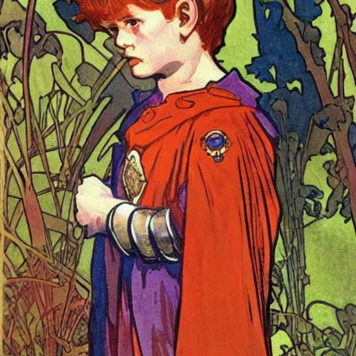 Image similar to a little boy with a mischievous face and short ginger hair. he is dressed as a knight. well composed, clean elegant painting, beautiful detailed face. colorful painting by steve ditko and jack kirby and alphonse mucha