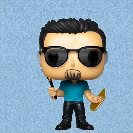 Prompt: a funko pop figure depicting a 30 year old skinny, medium brown skinned Peruvian programmer guy, clean shaven, no facial hair, no stubble, arms down, thick bushy straight eyebrows, wearing round gold rimmed glasses, with thick straight brush up black hair on top, short on sides, in a dark teal polo shirt, blue jeans and grey sneakers, full body, highly detailed photo 4k