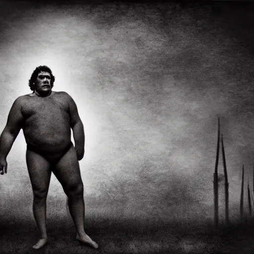 Prompt: andre the giant, visual art style, scary atmosphere, nightmare - like dream