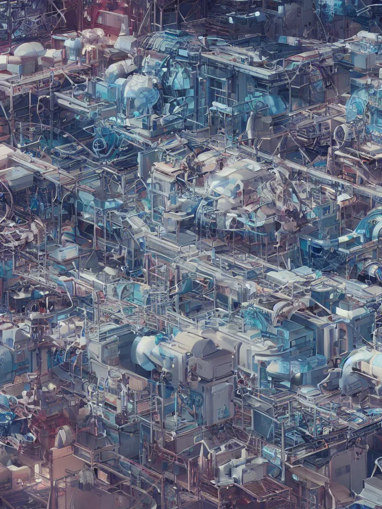 Image similar to a factory filled with lots of machines and machinery on an international space station, detailed 3 d octane render by beeple, trending on cgsociety, deconstructivism, greeble, hard surface modeling, atelier olschinsky