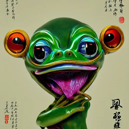 Image similar to plasticine wet shiny angles, crystal, moonlit, mirrors, camera angled dramatically, realistic hyperdetailed design of pepe the frog meme, ferocious, chinese mythology, victo nga, fumo yoshitoshi, ren jing jeong, feifei ruan, peter mohrbacher, takato yamamoto