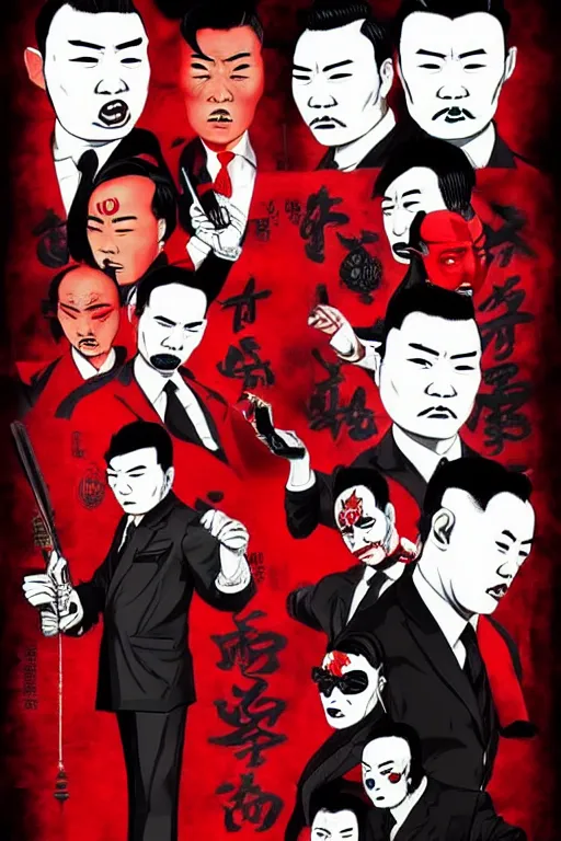 Image similar to chinnese mafia, with black suit and red tissue, some of leader have dragon tatto. digital art, concept art, pop art, bioshock art style, accurate, detailed, gta chinatown art style, cuphead art style, dynamic, face features, body features, ultra realistic, smooth, sharp focus, art by richard hamilton and mimmo rottela