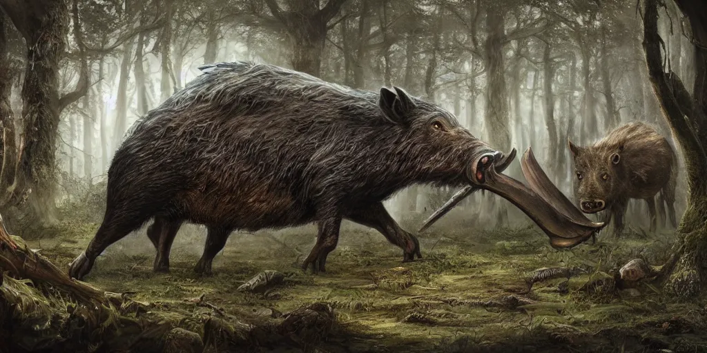 Image similar to giant wild boar with bloody eyes and many tusks, in dark woods, dim colors, forest, highly detailed illustration, masterpiece, fantasy, magical, hyperdetailed, realistic, witch fairytale, 4 k, 8 k, highly detailed matte painting, dungeons and dragons